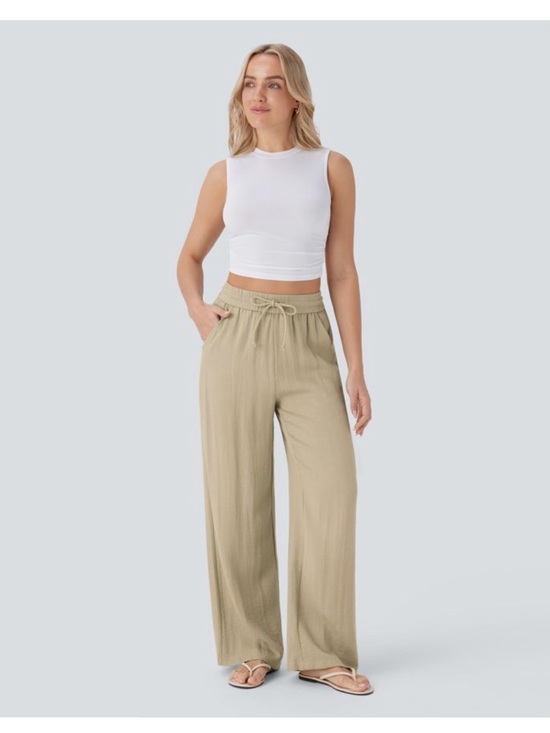 HALARA Pants - HALARA Relaxed Wide-Leg Drawstring Pants in Light Olive